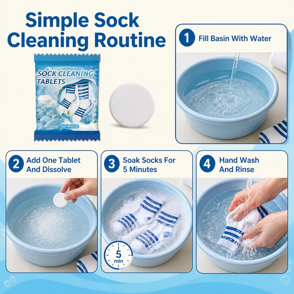 JAKEHOE Sock Cleaning Tablet 5g Single Pack for White and Colored Socks Hand Washing Soaking Laundry Stain Odors and Fabric Care