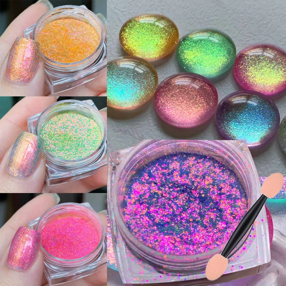 

1 шт., красочный блестящий порошок-хамелеон, 8 цветов, блестящий блеск Авроры, хромированный блеск для ногтей, облако, парча и кисть для ногтей, пигмент для маникюра «сделай сам»