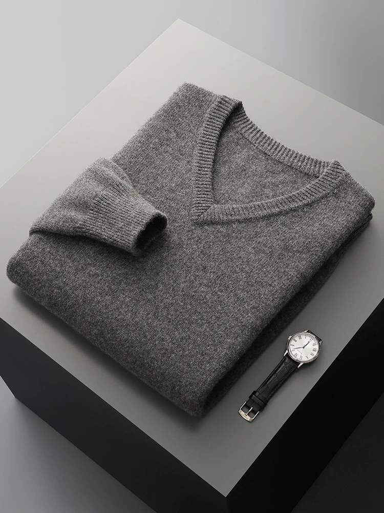Thick Men's 100% Merino Wool Cashmere V-neck Sweater Pullover Smart Casual Basic Long Sleeve Knitwear Clothes Tops Autumn Winter