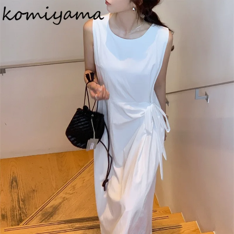 High Waist Side Bandage Vestidos O-neck Sleeveless Dresses Tank Dress Korean Style Vestido Mujer Women 2024 Casual Robes