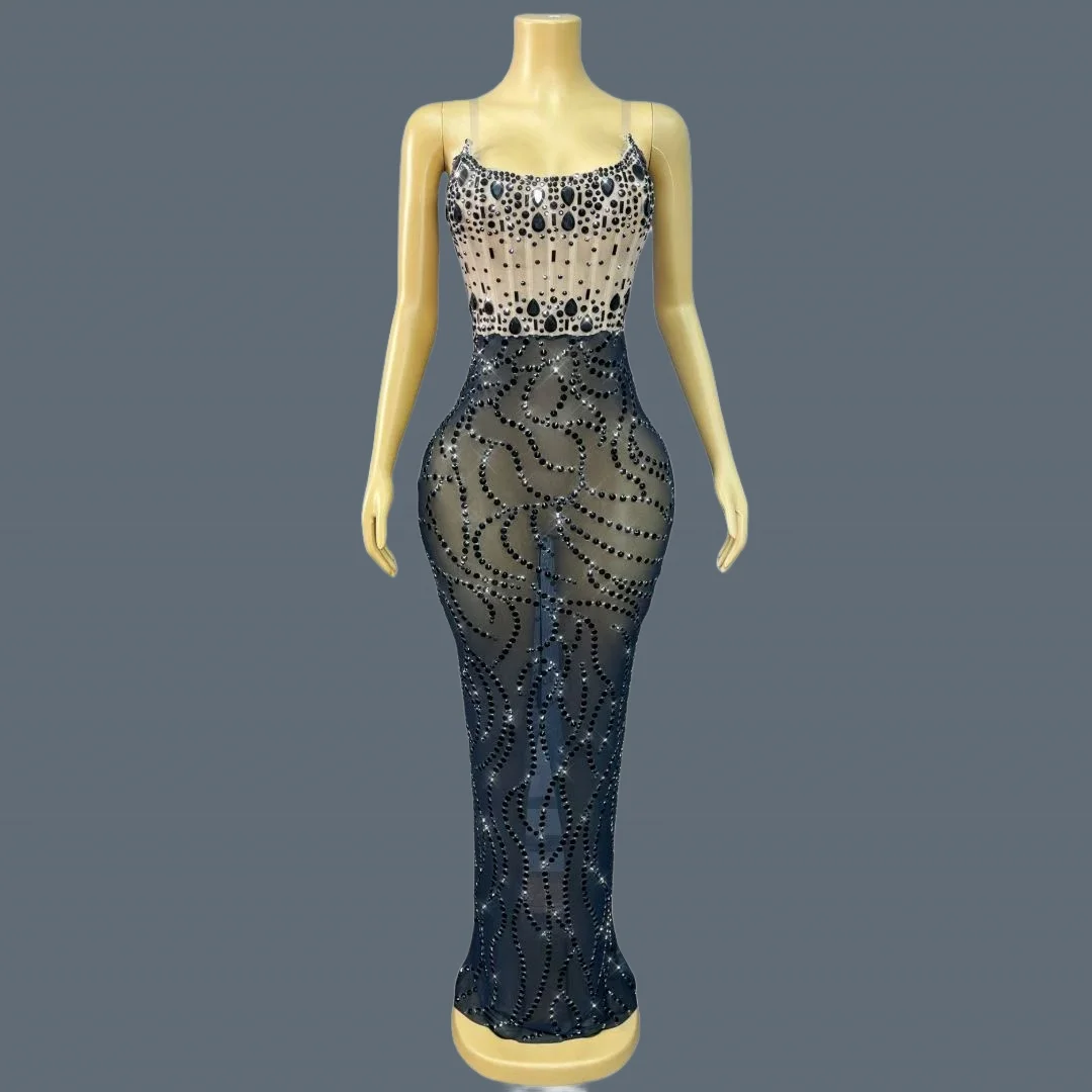 

Black Rhinestone See Through Mesh Long Dresses Birthday Celebrate Party Photo Shoot Wear Women Prom Red Carpet Couture Bianfuyi