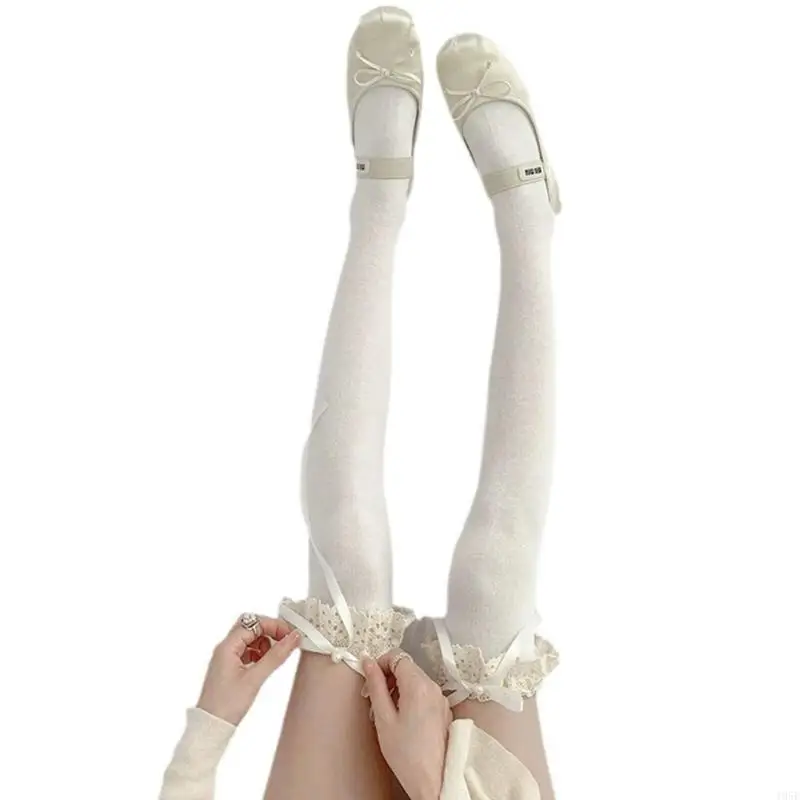 195E Lolitas Kniestrümpfe, süße, dünne, transparente, oberschenkelhohe Socken, Ballett-Rüschenstrumpf