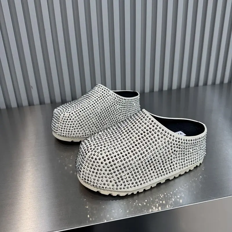 Women's Full Rhinestone Oversized Closed Toe Flat Mules Slip on Lightweight Comfortable Daily Casual Footwear Drop Shipping Gift