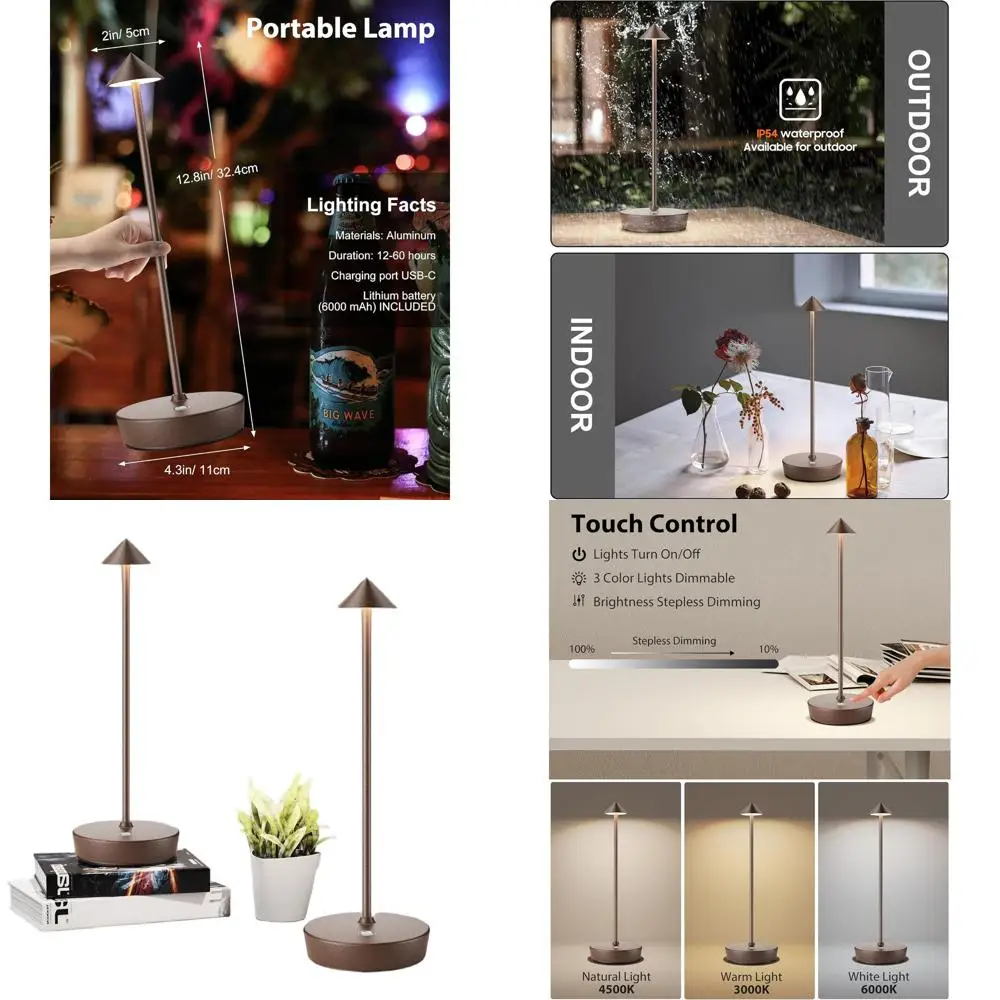 

Rechargeable LED Desk Lamp, 6000mAh Battery, Outdoor Waterproof, Touch Dimmable, Set of 2 for Home & Patio Use