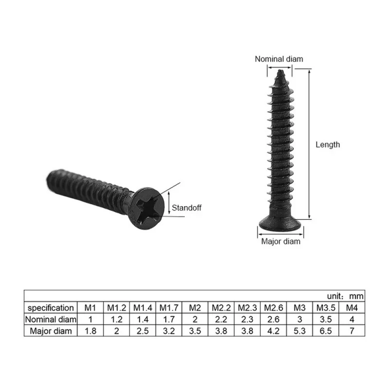 100pcs M1.2 M 1.3 M1.4 M1.5 M1.6 M1.7 1.8 M2.2 2.5 2.6 Black Carbon Steel Cross Flat Countersunk Head Mini Self Tapping Screw