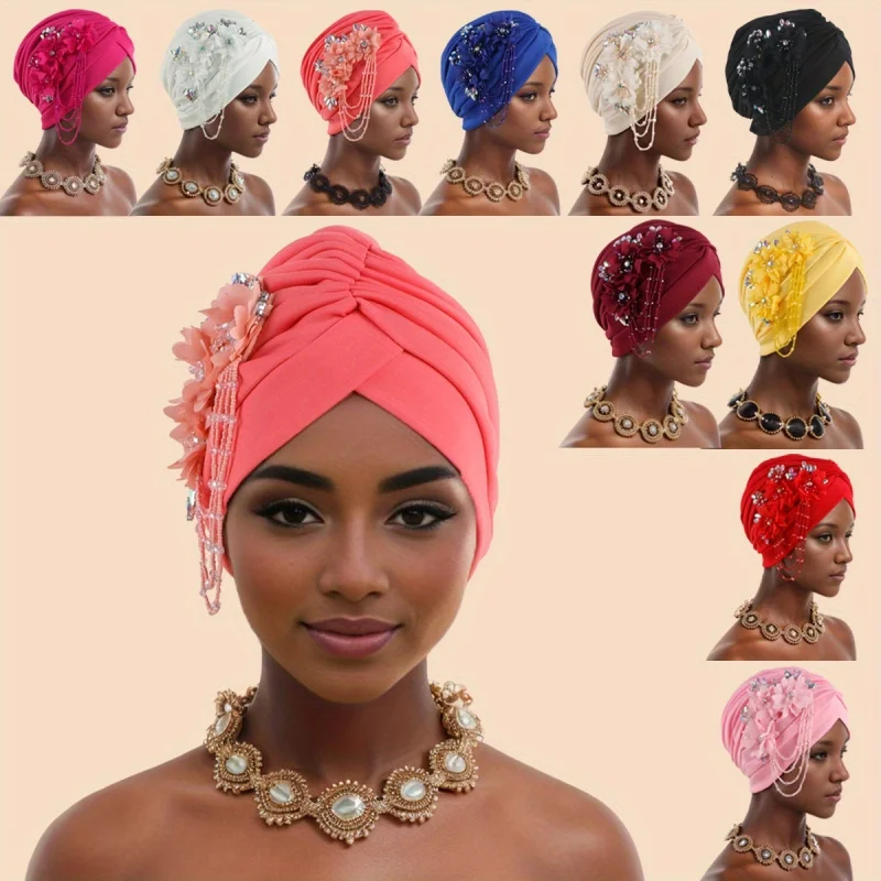 Elegant Floral Tassel Turban Cap for Women Breathable Stretchy Beanie Hat Perfect for Ramadan & Chemotherapy Patients view 2
