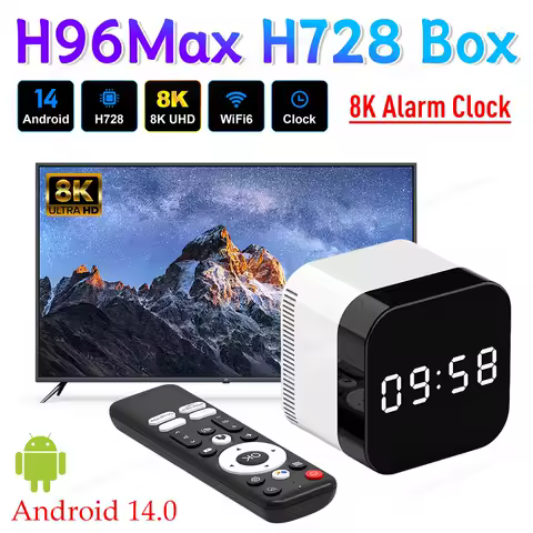 H96Max H728 Smart TV Box Android 14.0 8K WIFI 6 BT 5.X Inteligent Media Player Alarm Clock Android TV Box with Remote Control