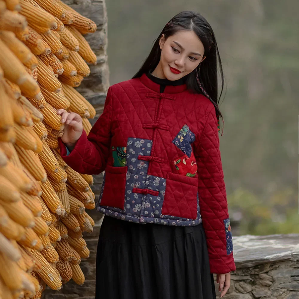 

Autumn Winter Cotton Linen Patch Color Cotton Jacket Women's National Style Patchwork Unique Disc Buckle Thin Seam Short Coat