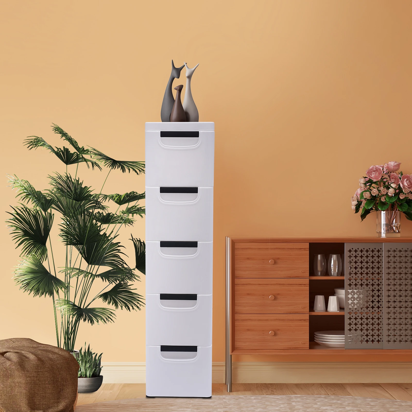 

Plastic Storage Drawer Dresser, 5 Spacious Drawers, Sturdy Frame with Wheels for Easy Movement and Organization