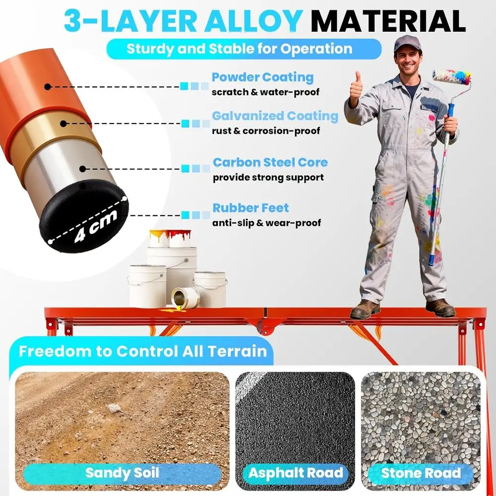 Foldable Scaffolding Platform, Multi-Purpose Work Platform Ladder, 5-Level Height Adjustable Scaffold, 72x17x34-56 Inch Scaffold