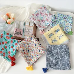 Floral Print Kerchief Square Scarves with Tassel Women Casual Cotton Linen Neckerchief Scarf Neck Wrap Headscarf Turban Bandanas