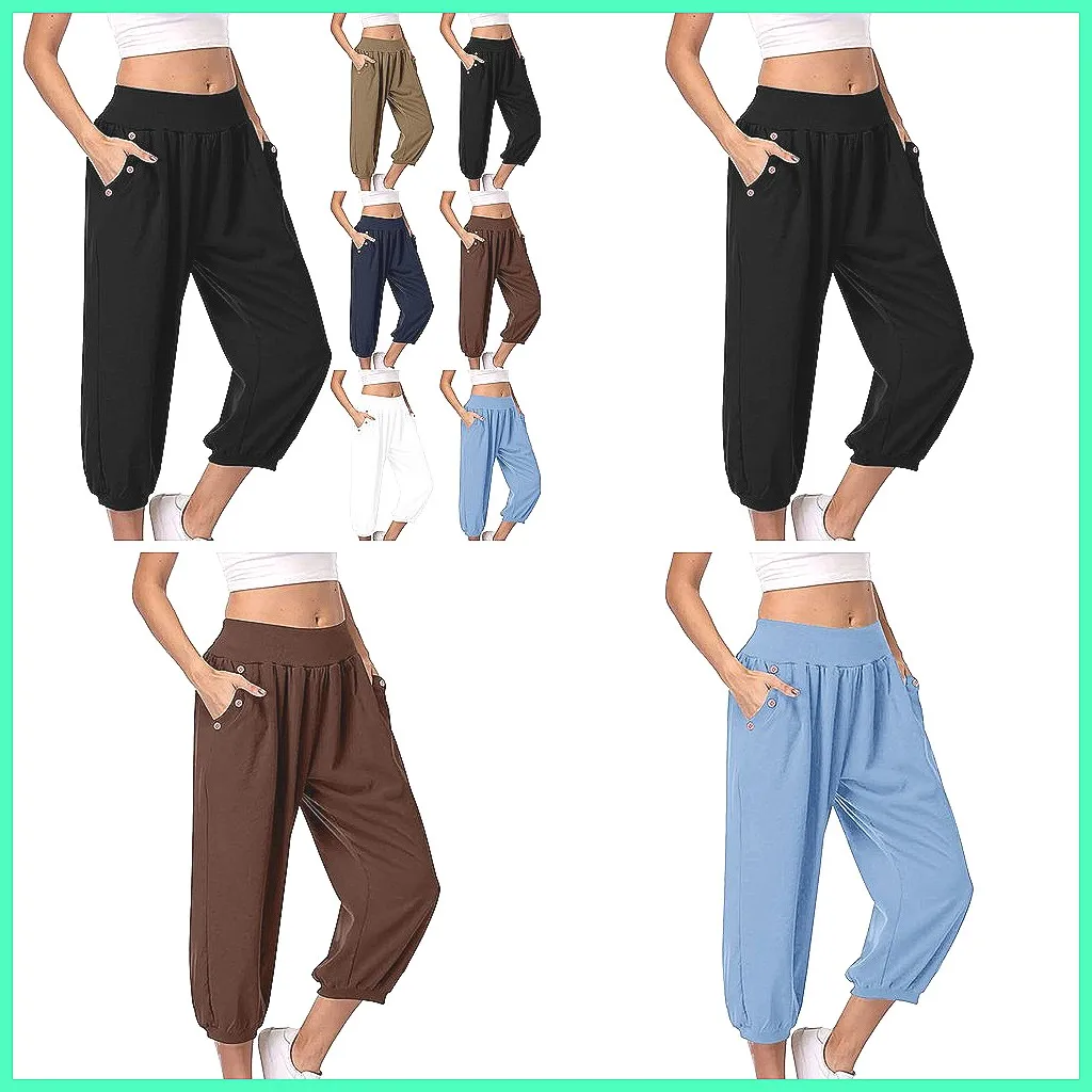 

Women's Solid Color Yoga Pants with Pockets, High Waist Stretch Loose Straight Leg Trousers (Characters: 73)