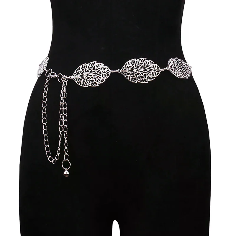 Fashion Simple Openwork Leaf Decorated Chain Belt Thin Waist Chain Ladies Decoration Waistband Dress Metal Jewelry Accessories