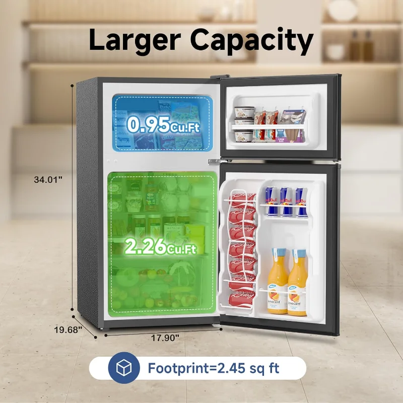 ثلاجة بانجسون صغيرة مع فريزر، ثلاجة صغيرة ببابين مع فريزر، ثلاجة صغيرة لغرفة النوم، 3.2 قدم مكعب، للمنزل والمكتب