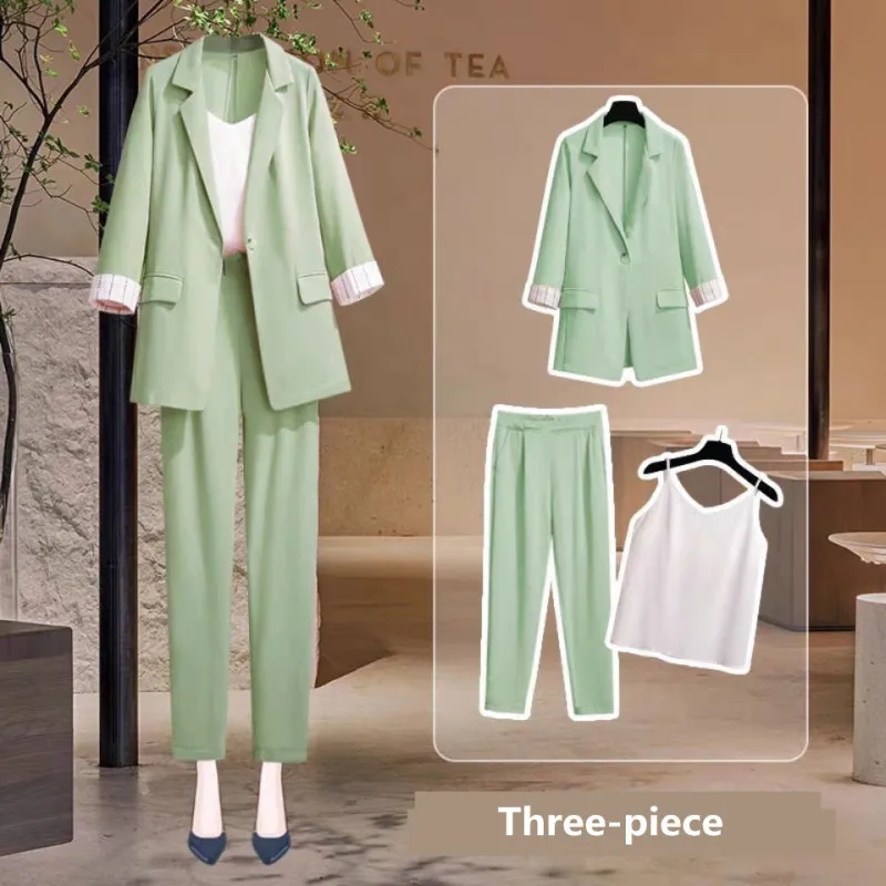 2024 Spring Autumn Women 3 Pcs Pants Set Office Lady Graceful Suit Coat+Sling+Trousers Sets Working Basic Joker Clothing Female