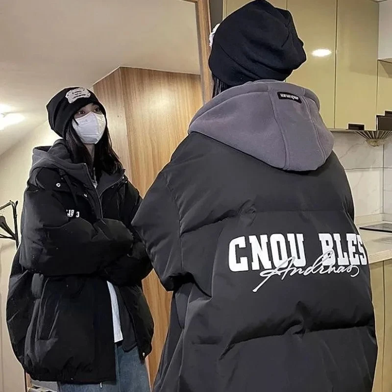 

Winter New Printed Letters False two-piece Trendy brand Cotton Jacket Streetwear Women's Hooded Thick Loose Warm Cotton Coats