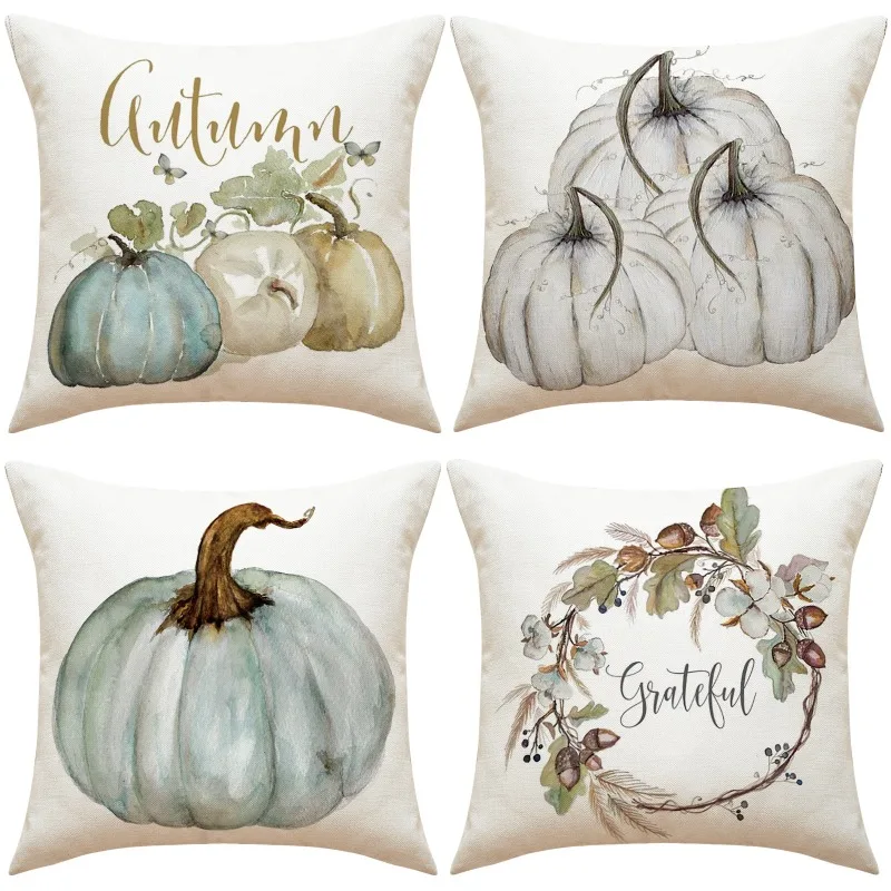 4pcs Autumn Thanksgiving Pillow Cover Polyester Harvest Pumpkin Printed Sofa Cushion Home Decor Prop