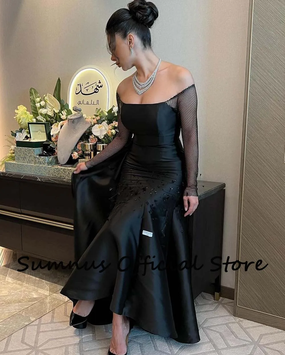 Sumnus-Black Mermaid Strapless Evening Prom Dresses, miçangas fora do ombro, cetim de manga comprida, árabe, Dubai Wedding Party Gowns, 2024