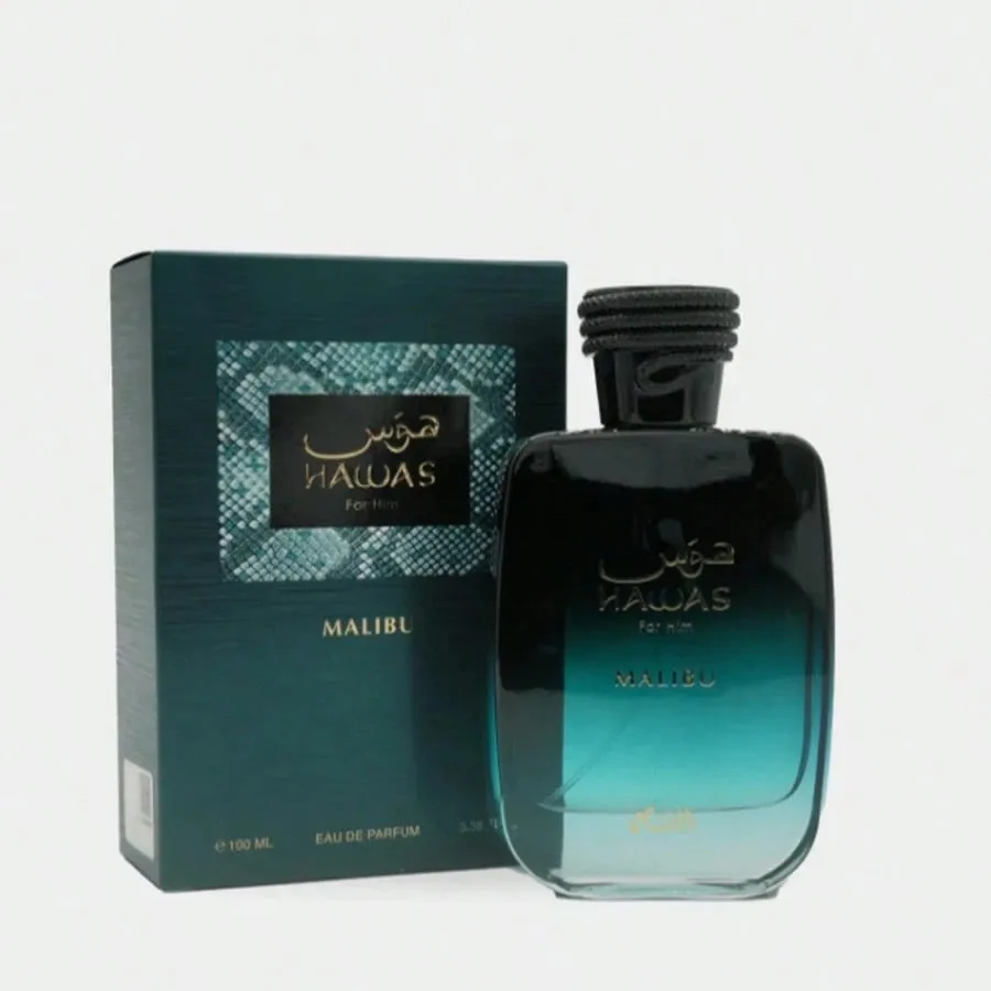 RASASl Hawas Malibu Tropical Eau De Parfum Spray Untuk Pria, 3.4 Ons, Parfum dengan Aroma Segar Akuatik, Jeruk, dan Kayu, Tahan Lama