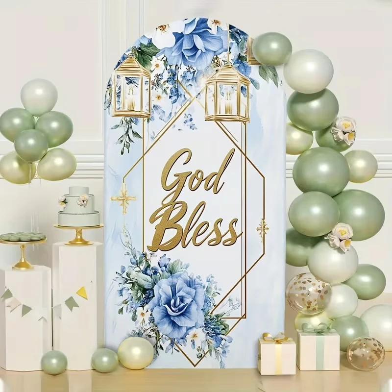 Custom 2-sided God Bless Themed Party Banner Backdrop Blue Watercolor Flowers Holy Communion Background Chiara Arch Cover Props