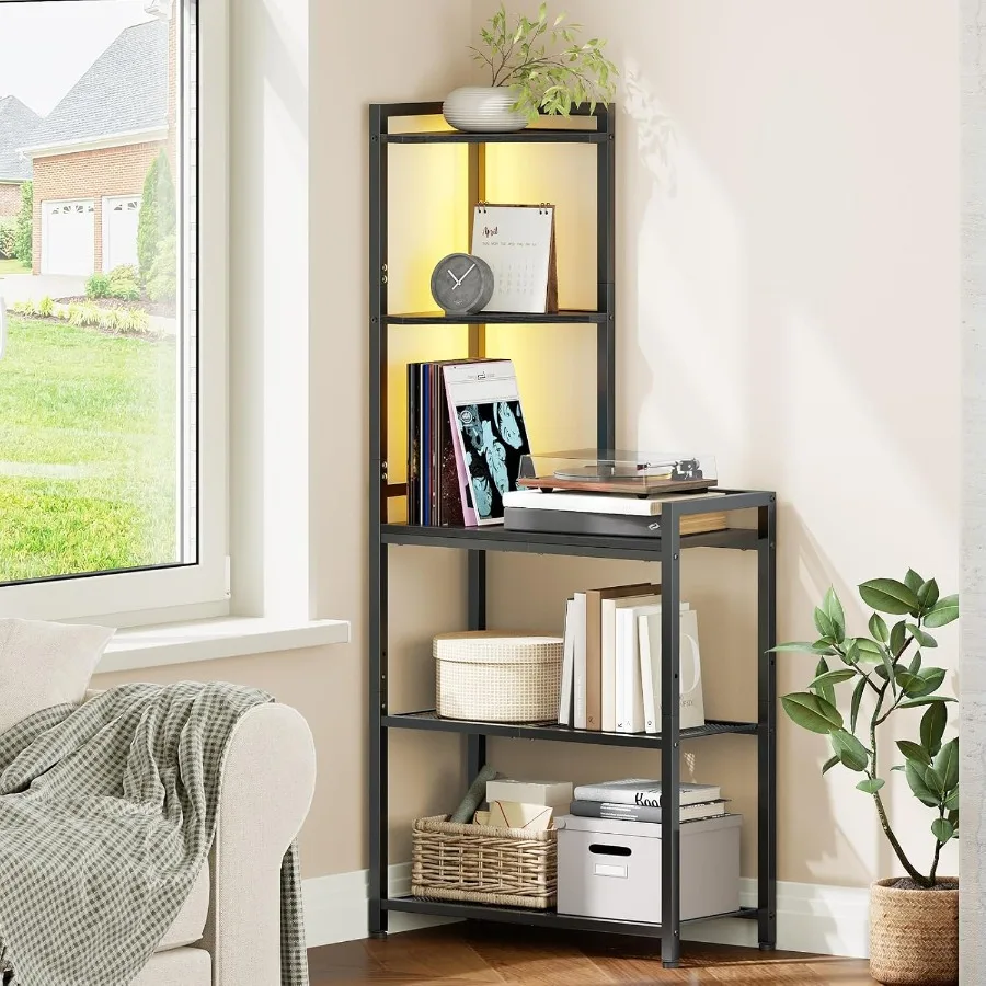 5Tier Corner Shelf Stand Corner Shelf with LED Light 56.3 Tall Corner Bookshelf Display Rack Storage Organizer with Table for S