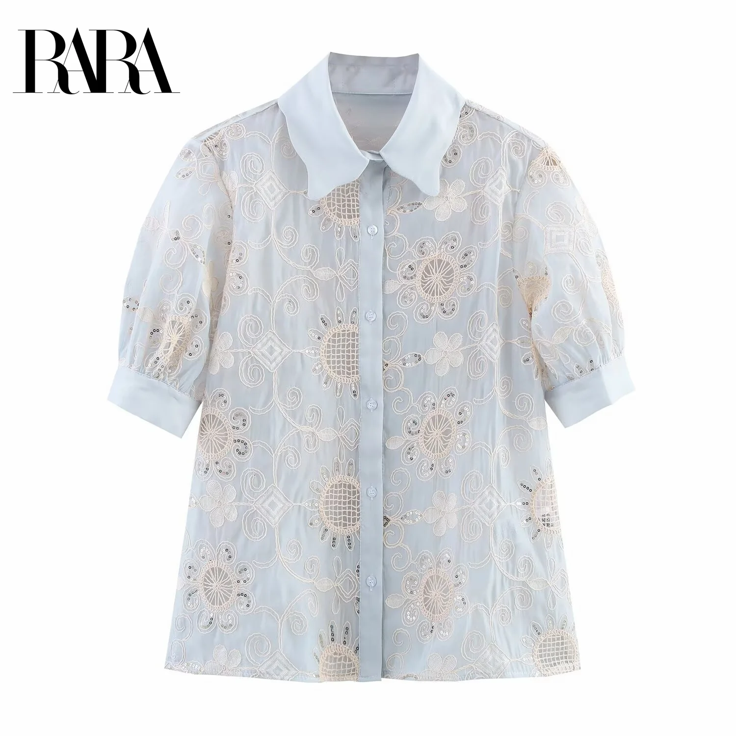 

RARA2025 new summer women's casual fashion simple hollow lapel short-sleeved commuter style sequin embroidered shirt