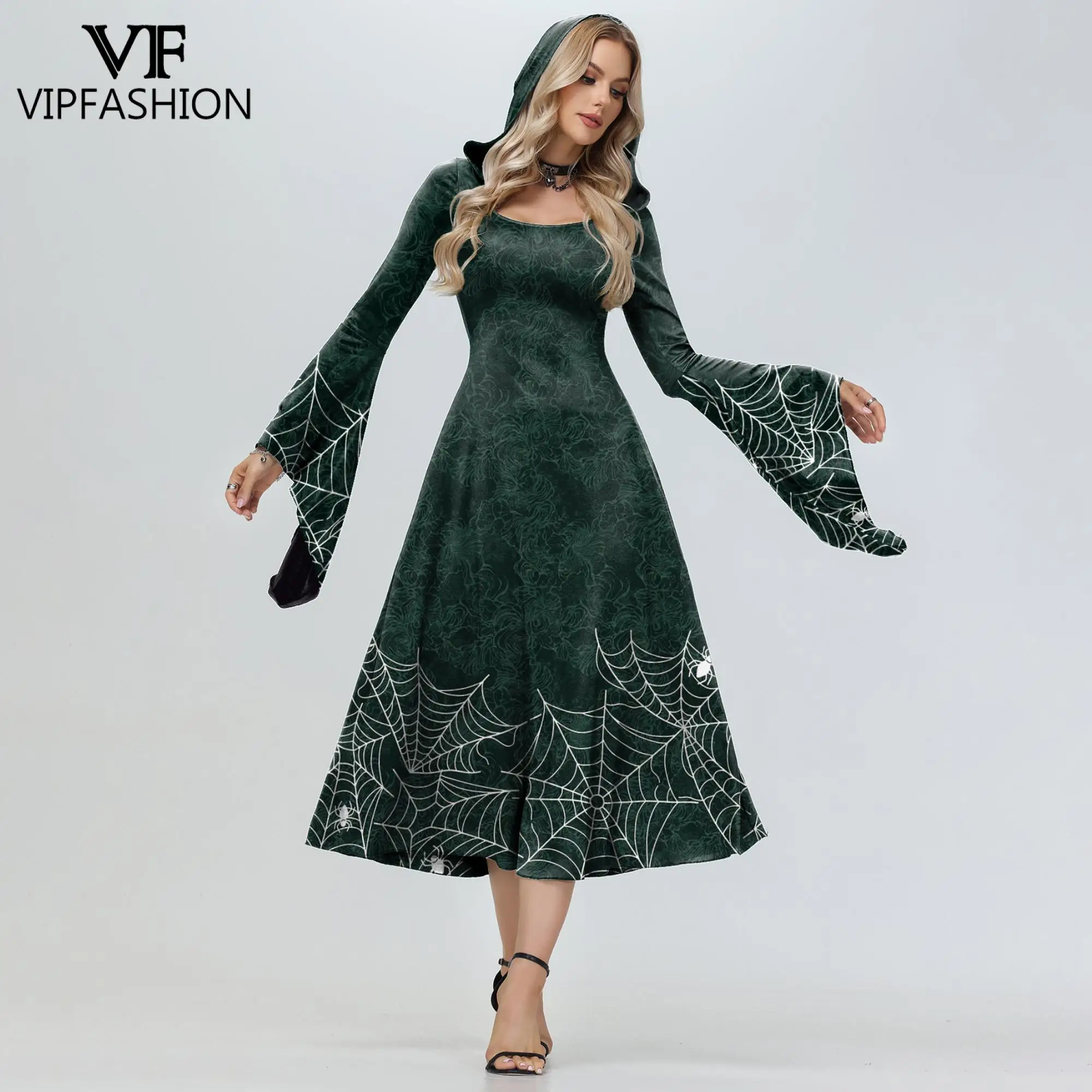 

VIP FASHION Dark Green Witch Hooded Dress for Woman Flower Spider Print Costume Halloween Cosplay Party Outfit Mediaval Clothes