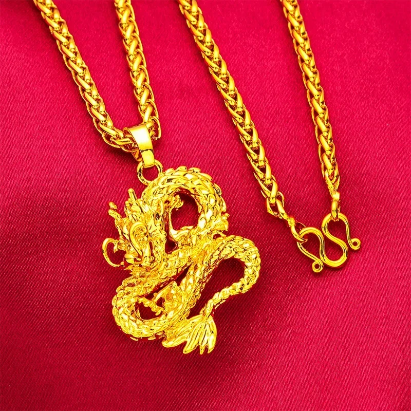 

High quality mens 18K gold necklace oil stick twisted domineering chain dragon pendant AU750 necklace