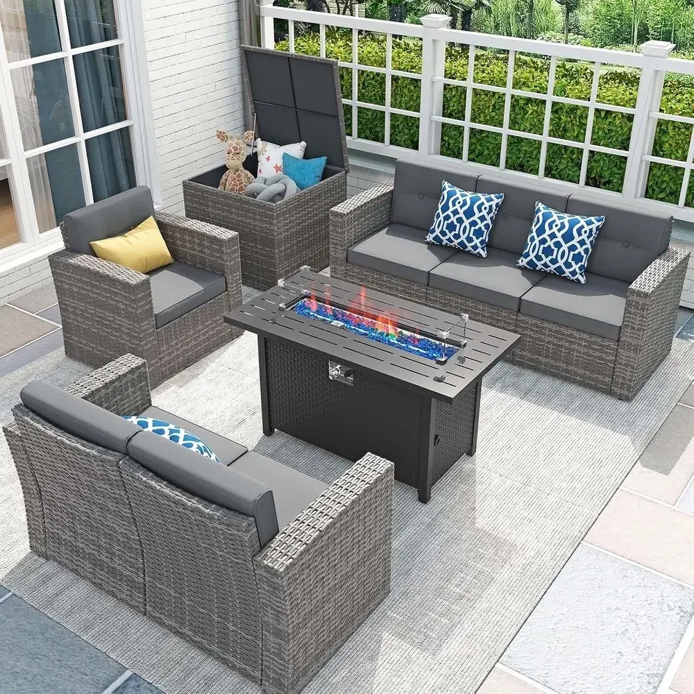 8-Piece Patio Furniture Set with 45 Fire Pit Table, Outdoor Seating with 50,000 BTU Gas Fire Pit, Rattan Sectional Sofa Set with