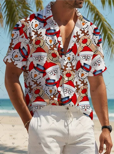 Camisa con solapa de manga corta con estampado gráfico para hombre, Tops navideños de Papá Noel, camisas informales con botones para hombre, camisa de uso diario