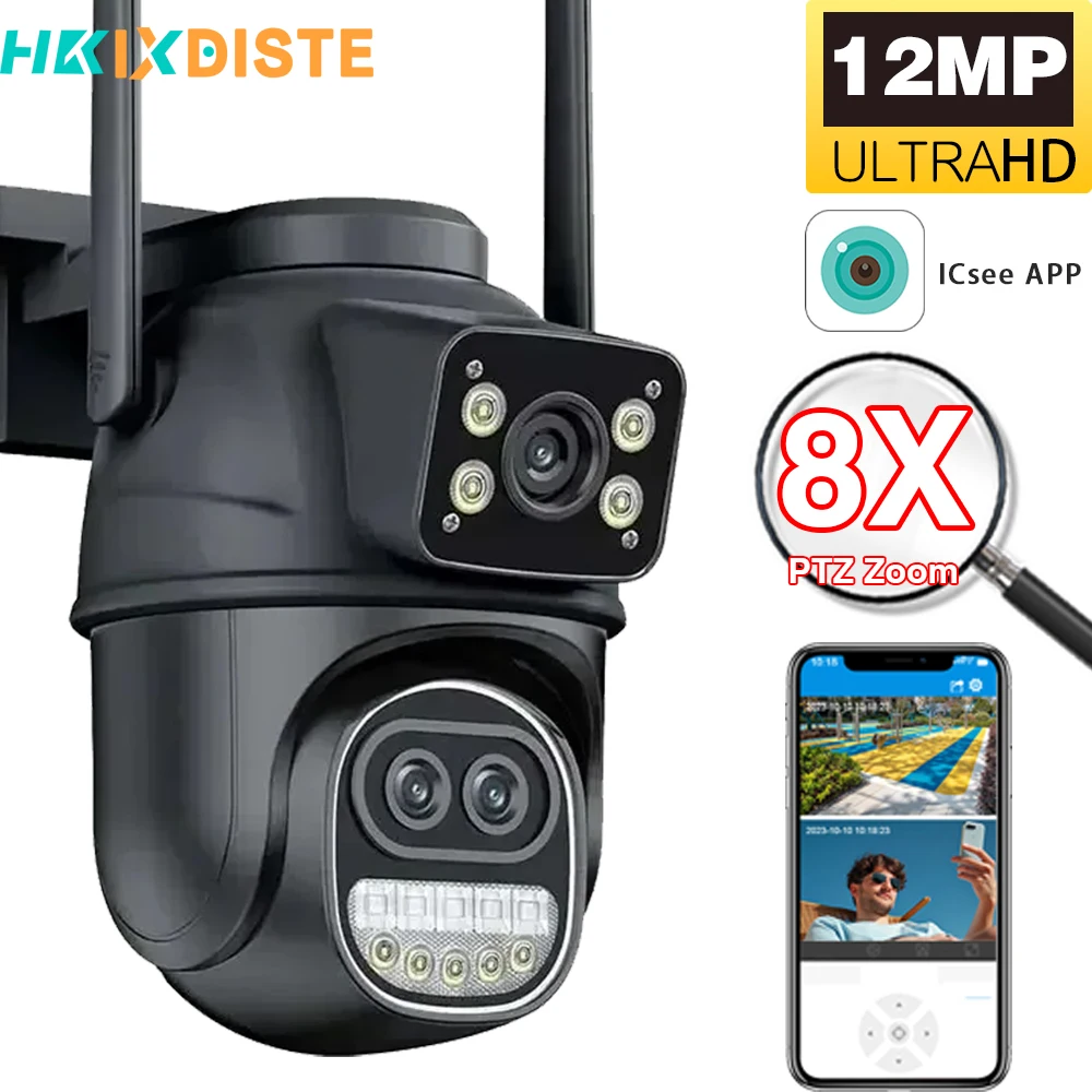 

Smart WIFI Security Camera 12MP Three Lens 8X Zoom Outdoor HD Video Surveillance IP Cameras CCTV PTZ Auto Tracking ICSee app