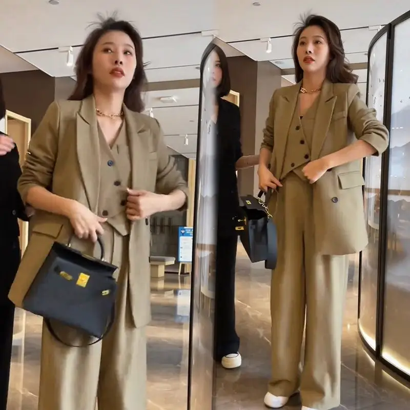 Setelan jaket Blazer wanita, Blazer rompi celana kaki lebar, tiga potong Set pakaian kantor elegan gaya Korea musim semi