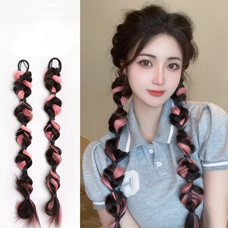 New Wigs Twist Braid Natural Women Ponytail Playful Cute Hair Rings Ponytail Braid Wig Fashion Colorful Girls Hair Accessories