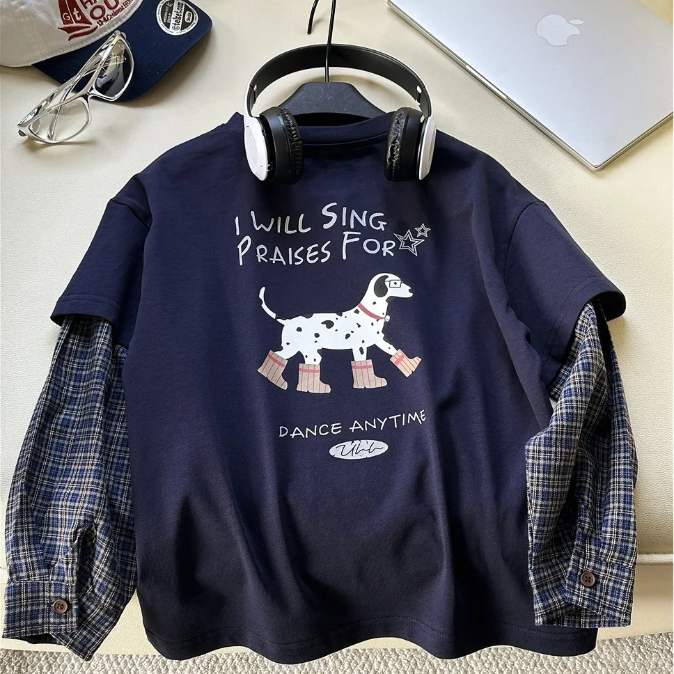 

Children Clothes Kids Casual T Shirt Spring 2026 Long-sleeved Top Korean Style Cartoon Boy Fake Two Simple Loose T Shirt