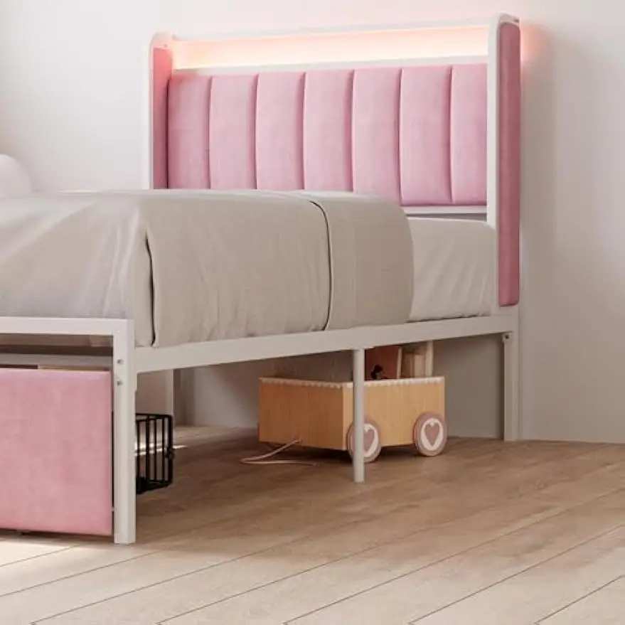 Twinsize bedframe met armleuningen, hoofdeinde en RGB-licht, gestoffeerd Twinsize bedplatform met lades, geen boxspring