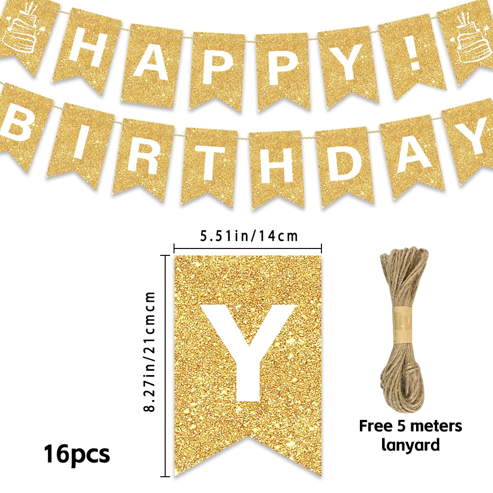 16pcs  golden light luxury Theme Birthday Banner Set, Party Decorations, Room Decoration, Holiday Celebrations, Includes Twine