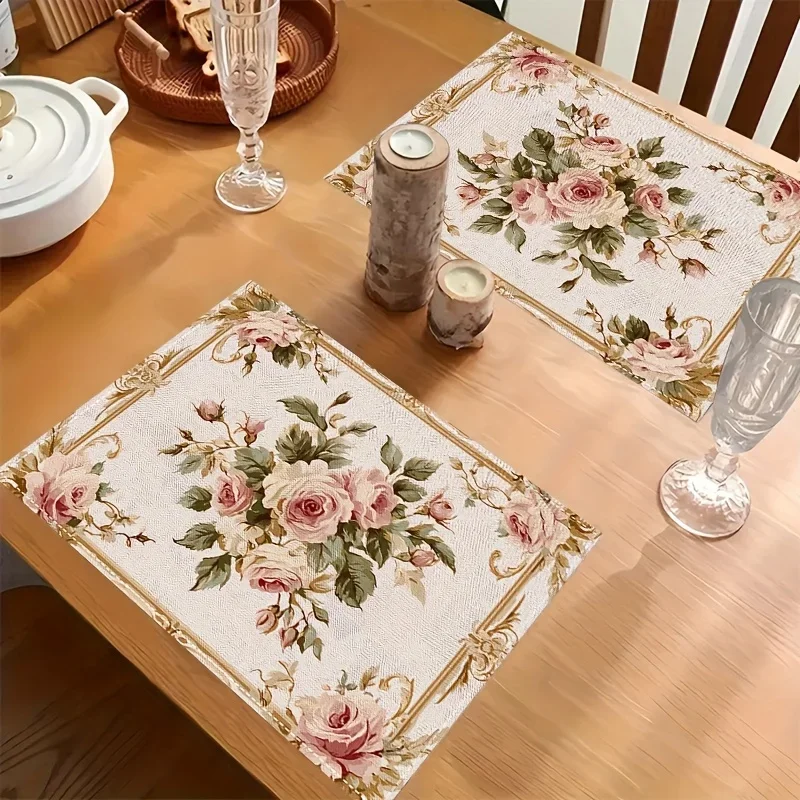 

4 шт. розовые розовые цветочные салфетки 12x18 дюймов, льняные коврики для стола с зелеными листьями, для праздничной вечеринки, банкета, декора кухни и столовой