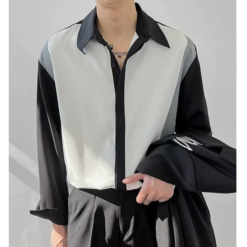 Camisa masculina de manga longa que combina com tudo, botão de lapela, camisas soltas emendadas, roupa coreana, tops casuais, nova moda, outono, 2023