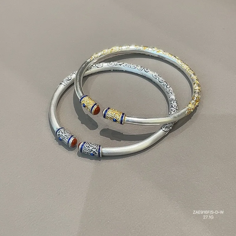 999.9 Gold Sand Old Enamel Cherry Blossom Ethnic Style Solid Sterling Silver Open Bracelet
