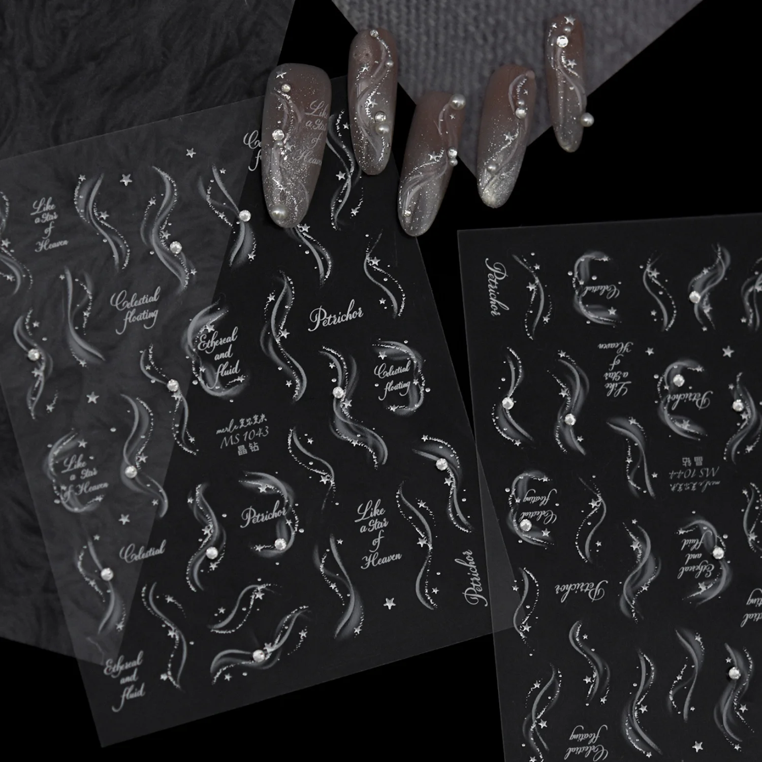 Französische 5D Nagelkunst-Sticker: Fließende Kurven, Glitzernde Stern-Strass-Verzierungen, Farbverlauf, Selbstklebende French-Nagelsticker
