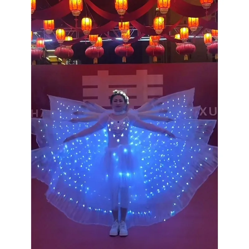 أجنحة متوهجة كيب فراشة تنورة أداء ارتداء مرحلة الرقص LED تضيء ملابس رقص الباليه الفلورسنت تنورة طويلة شفافة #3