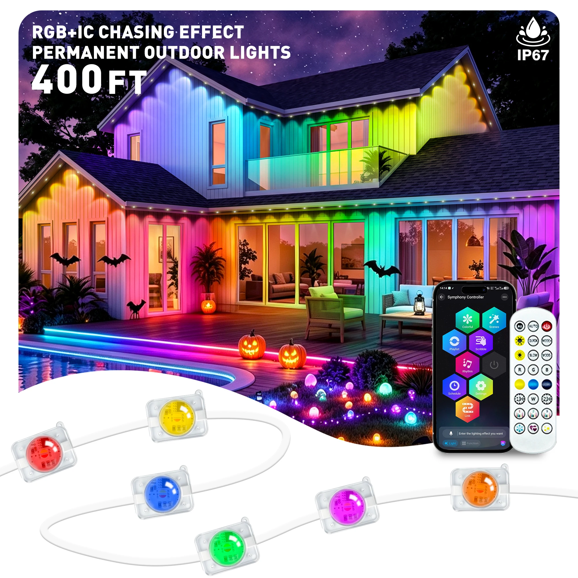 400ft Permanent Outdoor Light String Rgbic App ControlRemote, IP67 Waterproof Lighting,Outdoor Lights for Chasing Lights,Garden Decor,House,Party,Holiday,Smart