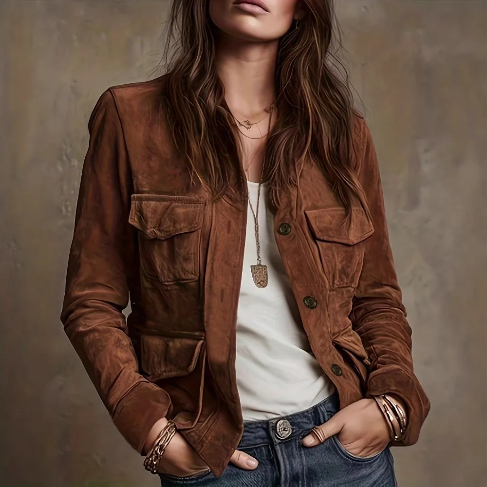Women's Vintage Brown Suede Jacket Button Down Multi Cargo Pockets Slim Fit Long Sleeve Casual Autumn Winter Outerwear Coat