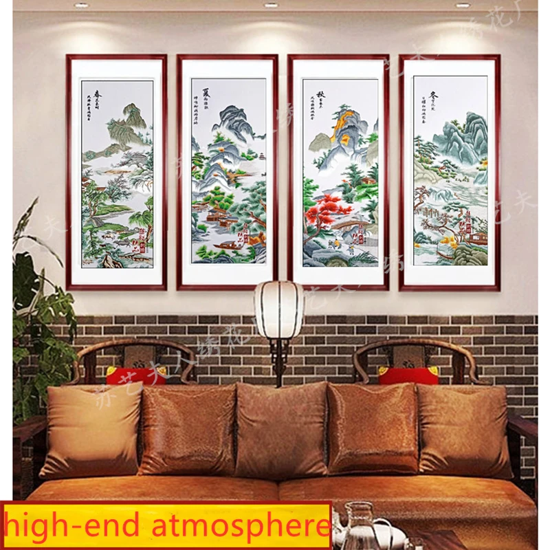 

Mural Yan Bolong landscape painting four-screen boutique silk embroidery living room study decoration painting gift painting SP0