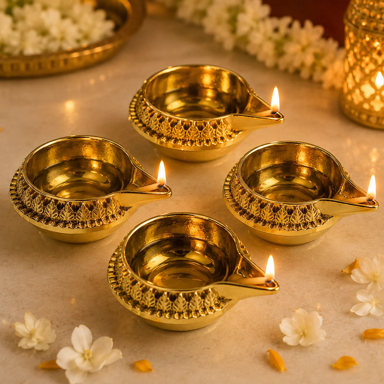 Golden Diya Oil Lamp for Diwali Puja, Traditional Indian Deepak Lamp for Hindu Temple Prayer Wedding Festival Home Decor