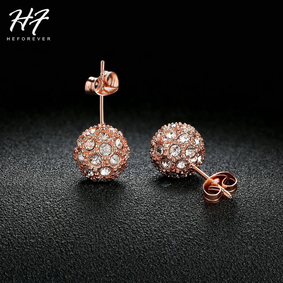 Geometric Crystal  Lucky Ball Stud Earrings for Women Rose Gold Color Earing Fashion Jewelry Party Xmas Gift E380