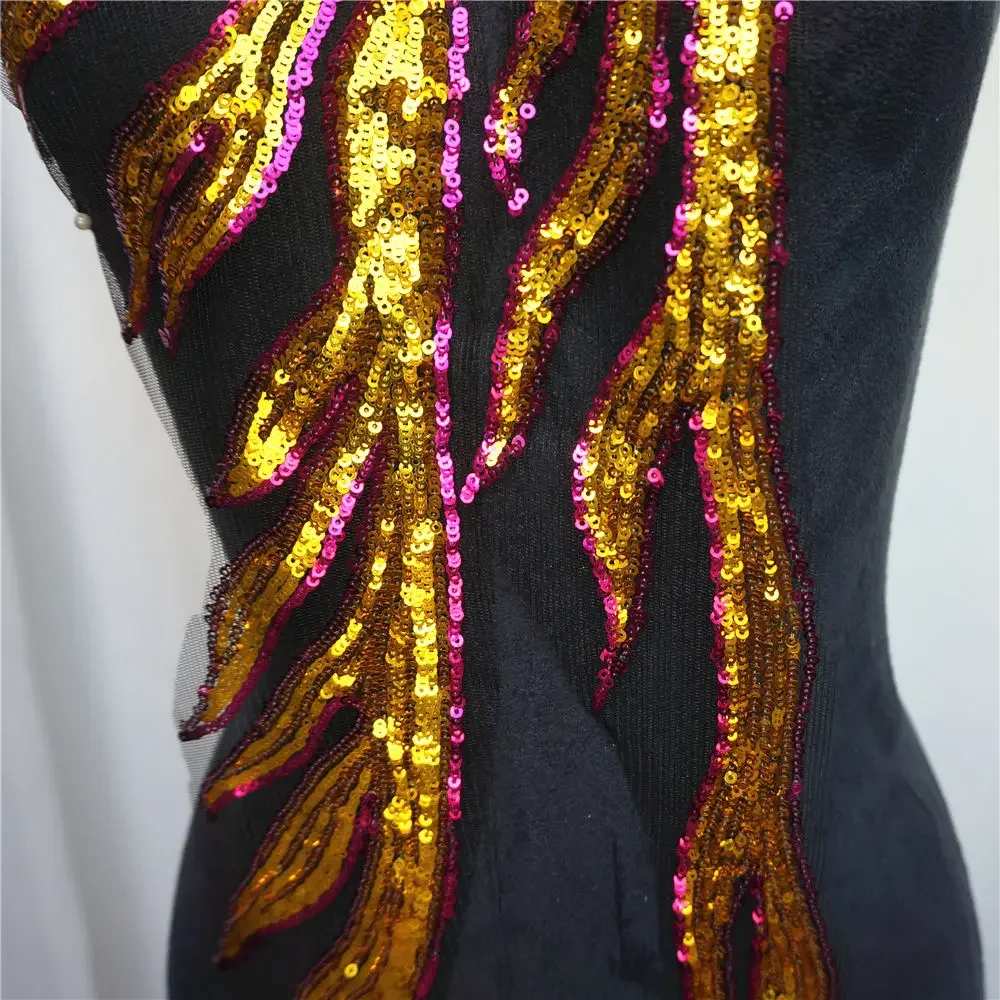 2PCS Gold Sequin Lace Fabric Fire Tassel Rose Red Edge Black Mesh Gown Appliques Embroidery Sew Patch For Wedding Decor DIY