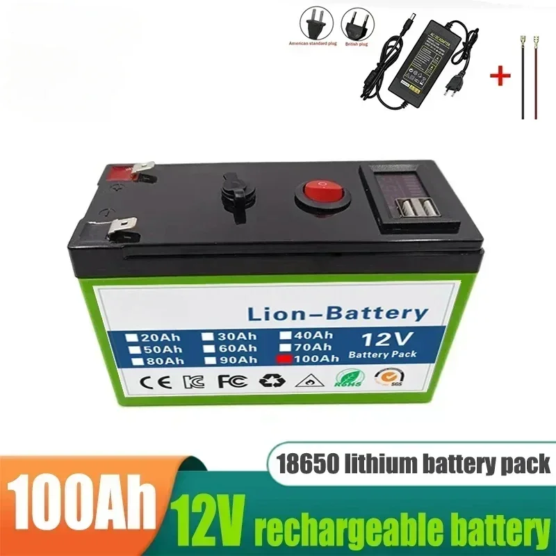 12V lithium Battery 100Ah 18650 Rechargeable LiFePO4 battery for solar energy electric vehicle battery+12.6v3A charger