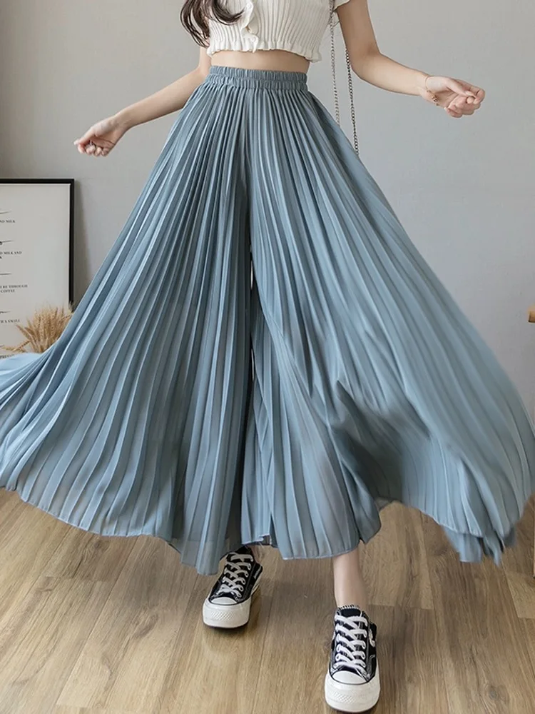 Falda plón de gasa pada hoada informal de pierna ancha con cintura alta y estilo coreano para mujer de verano