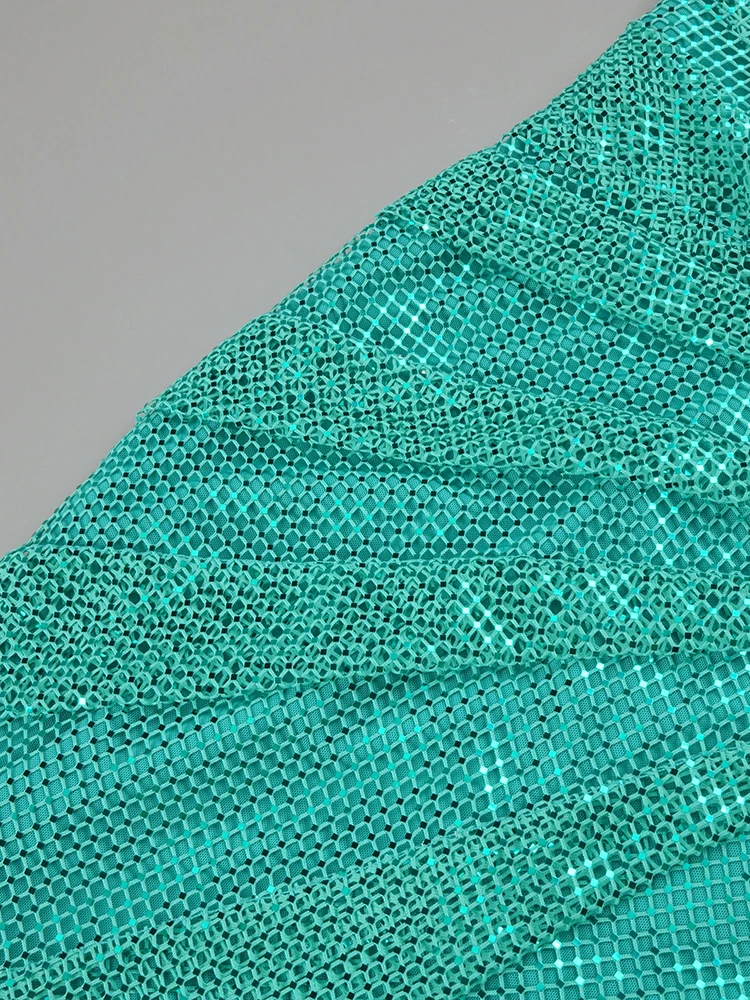VC Fashion Teal Long Prom Dress Glitter Netfish Mesh Patchwork Strapless High Slit Pearls Flowers Details Evening Party Gowns
